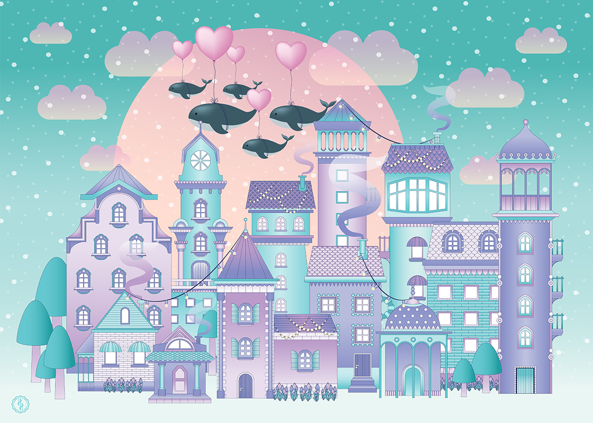 Drömstaden - Illustration av en stad med flygande blåvalar